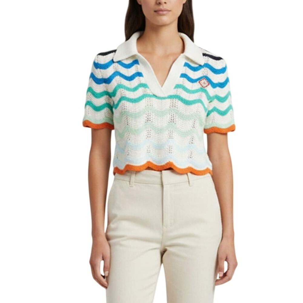 CasaBlanca Crop Polo Top Wavy Crochet Multi Color Sz XS Quiet Luxury Heritage